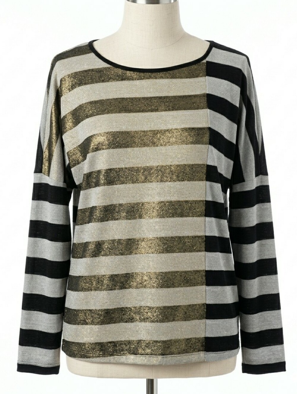 ALEMBIKA Liquid Gold Striped Long Sleeve Tunic Top Lagenlook Metallic Size 1